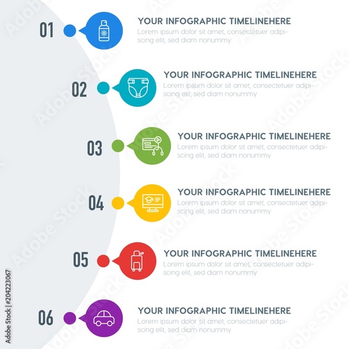 Flat education, travel, kids and toys infographic timeline template with 7 options for presentations, advertising, annual reports