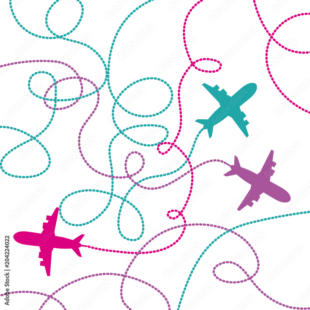 Fototapeta set airplanes flying with lines vector illustration design