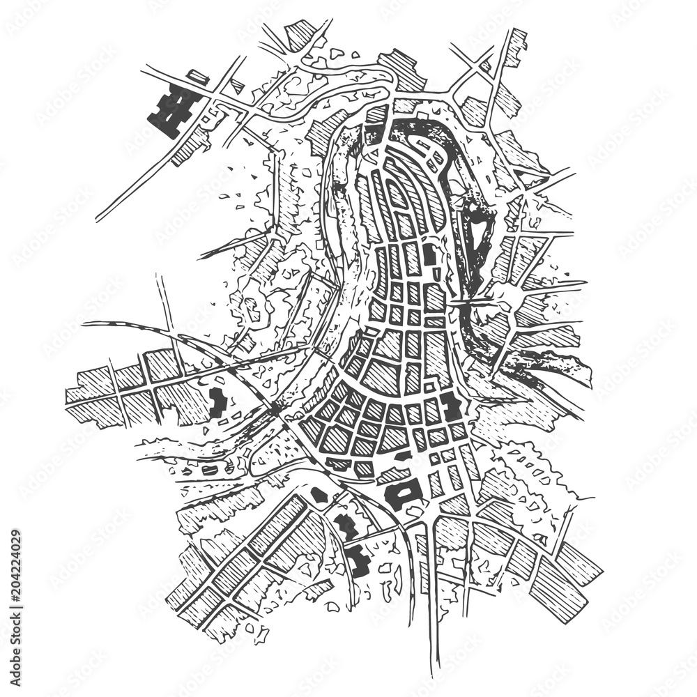Urban plan of a city, old village. Doodle city map.