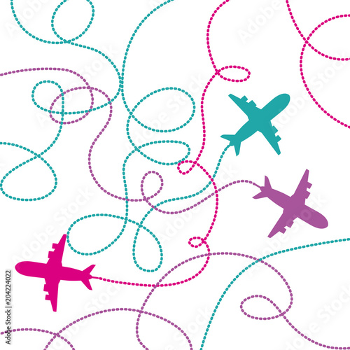 set airplanes flying with lines vector illustration design