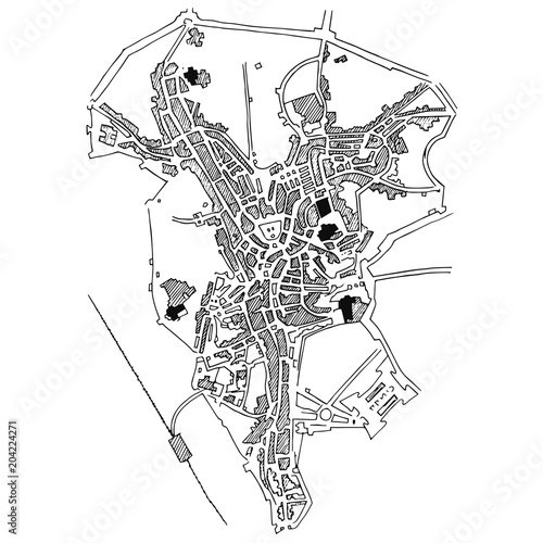 Urban plan of a city, old village. Doodle city map.