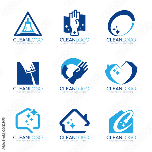 Blue Clean logo with Home cleaning and Shine light sign vector set design
