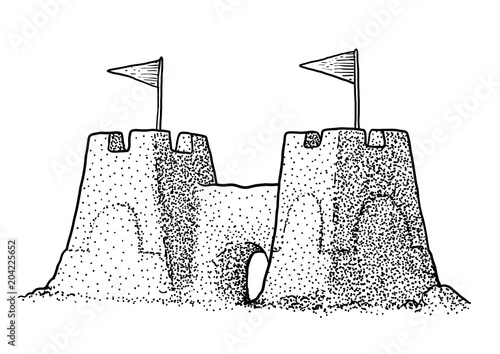 Sandcastle illustration, drawing, engraving, ink, line art, vector