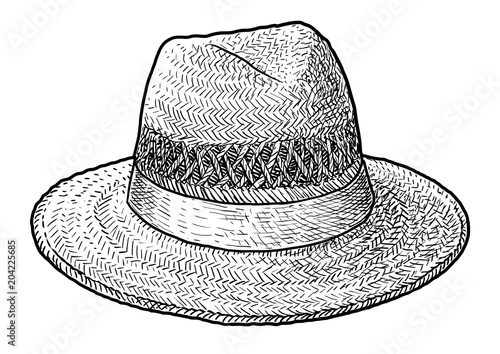 Straw hat illustration, drawing, engraving, ink, line art, vector