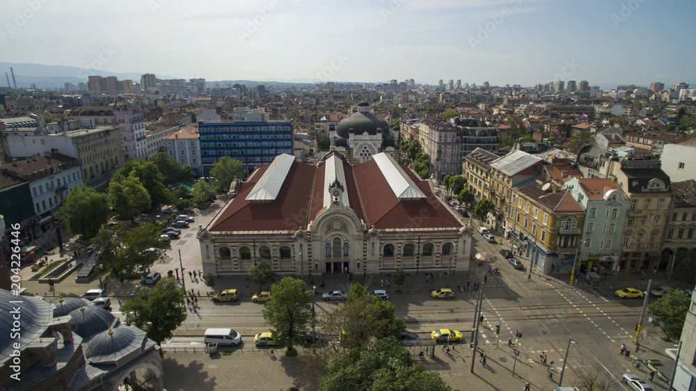 Aerial vie of the centyral market building in Sofia, Bulgaria