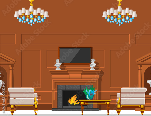VIP vintage interior furniture rich wealthy house room with sofa set brick wall background vector illustration.