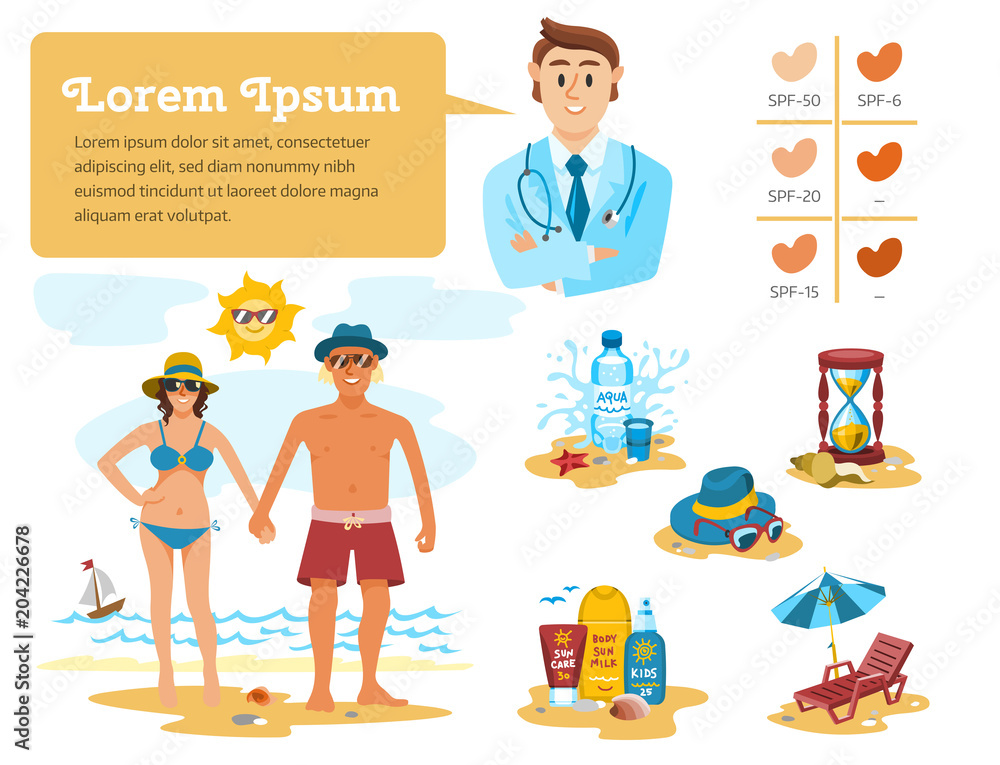 Man and woman sunbathing infographics couple vacation summer time on the beach sand tropical nature vector illustration.