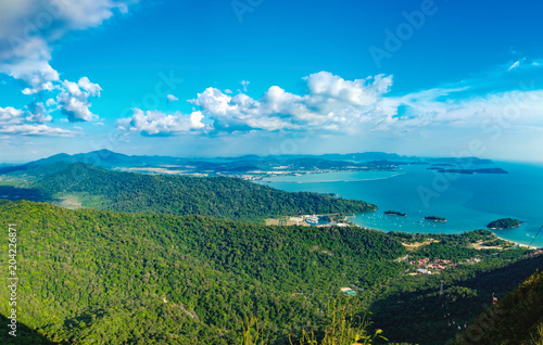 Panoramic view of blue sky, sea and mountain seen from Cable Car viewpoint, Langkawi Island, Malaysia. © sonatalitravel