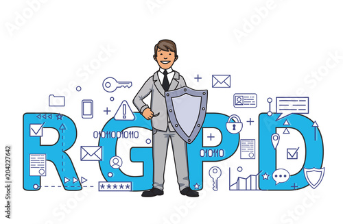 Smiling man with a shield among digital and internet symbols in front of RGPD letters. General Data Protection Regulation. GDPR, RGPD, DSGVO, DPO. Concept vector illustration. Flat style. Horizontal photo
