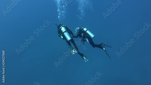 Wallpaper Mural Two scuba divers man and woman hold hands and swim in blue water, Indian Ocean, Maldives
 Torontodigital.ca