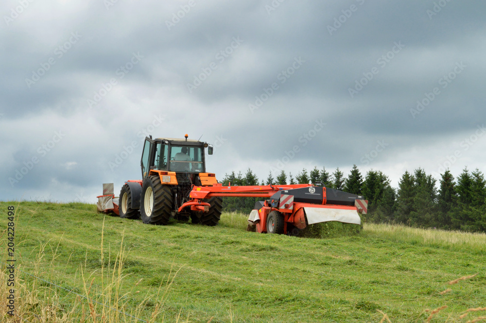 An agricultural tractor with a mower cutting long grass in a field. An agricultural tractor with a mower cutting long grass in a field.