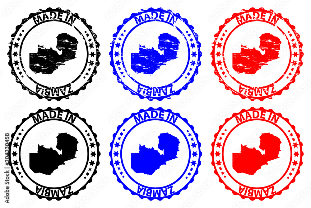 Made in Zambia - rubber stamp - vector, Zambia map pattern - black, blue and red Made in Zambia - rubber stamp - vector, Zambia map pattern - black, blue and red