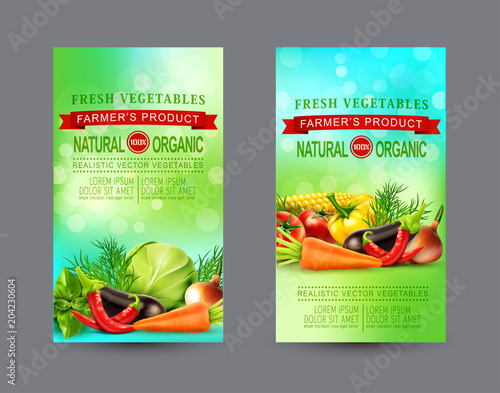 Vector set of two vertical banners with realistic vegetables for the farm market (tomato, cabbage, carrots, dill, basil, eggplant, onion, pepper, chili). Illustration, template for advertising 