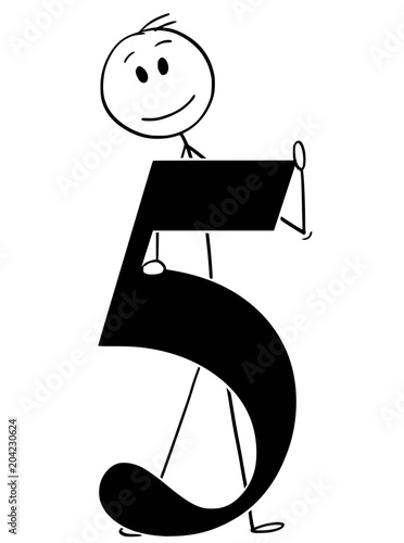 Cartoon stick man drawing conceptual illustration of businessman holding big number five or 5. Part of set.