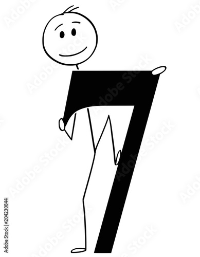 Cartoon stick man drawing conceptual illustration of businessman holding big number seven or 7. Part of set.