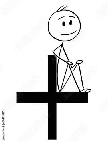 Cartoon stick man drawing conceptual illustration of businessman holding or sitting on big plus sign. Part of set.