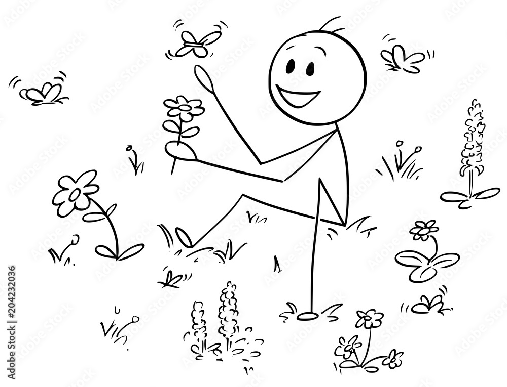 Cartoon stick man drawing conceptual illustration of man sitting in meadow  between wild flowers and butterflies and enjoying beauty of nature. Stock  Vector | Adobe Stock