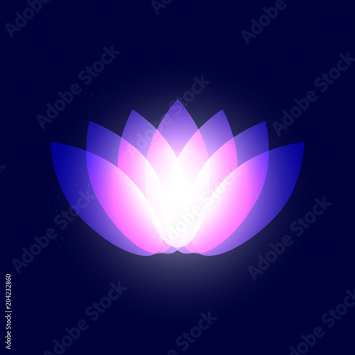Abstract graphic neon purple yoga lotus petals on dark blue starry sky, space or universe. Shining Lotus Flower design graphic object. International yoga day vector eps 10 illustration