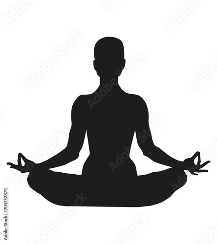 Famale or person body in yoga lotus asana isolated on white background. Black silhouette of a woman in a lotus pose. Graphic object. International yoga day.