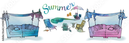 A set of outdoor furniture for summer and recreation for the garden, a sofa with a canopy, a chaise longue, an umbrella and a pond