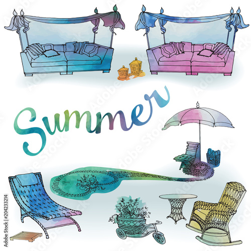 A set of outdoor furniture for summer and recreation for the garden, a sofa with a canopy, a chaise longue, an umbrella and a pond, iinscription Summer