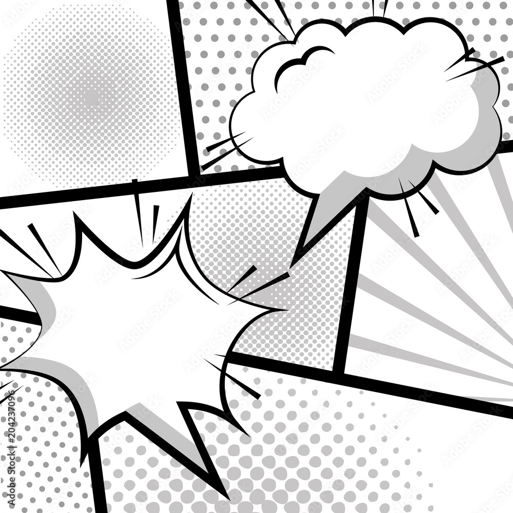 comic empty speech bubbles on halftone dots white background in retro ...