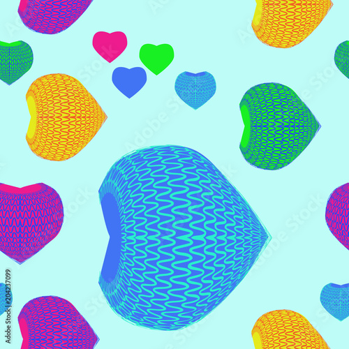 Abstract motif seamless pattern, hearts, waves, doodles.
