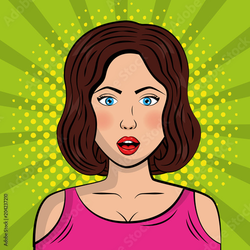 portrait brunette woman attractive pop art comic vector illustration