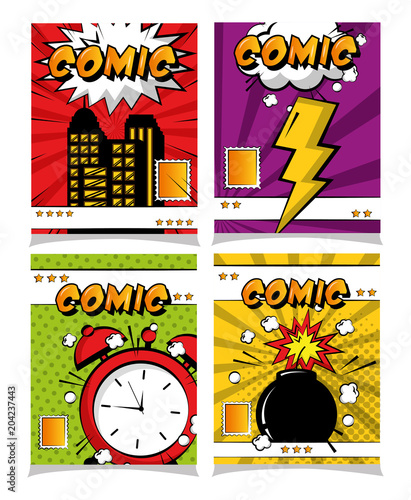comic pop art collection crash clock boom card vector illustration