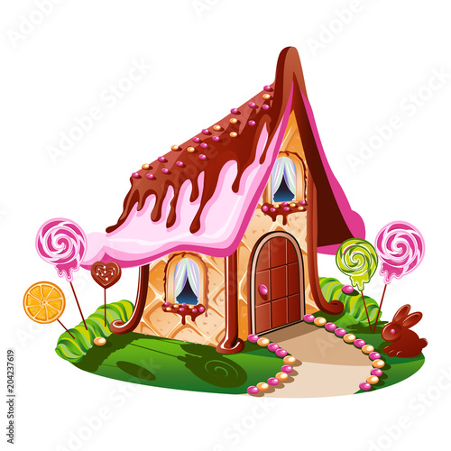 Sweet little house with chocolate and decorated with candy. Cheerful vector illustration.