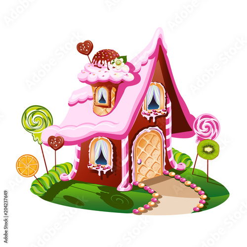 Sweet little house with chocolate and decorated with candy. Cheerful vector illustration.