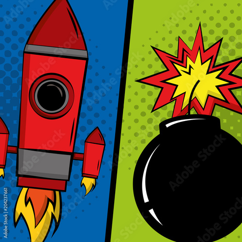 rockect and bomb explosion comic pop art vector illustration photo