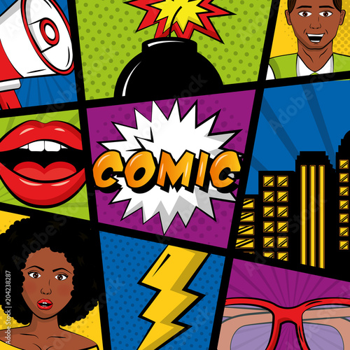 comic pop art background people speech bubbles glasses boom lips vector illustration