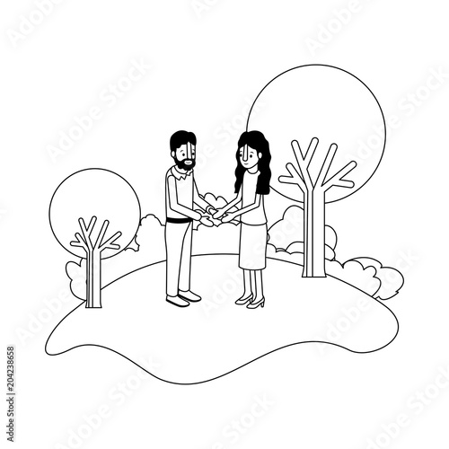 couple isometrics in field landscape avatars characters vector illustration
