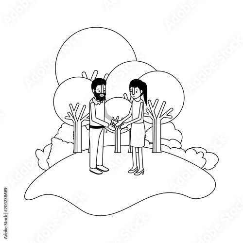 couple isometrics in field landscape avatars characters vector illustration