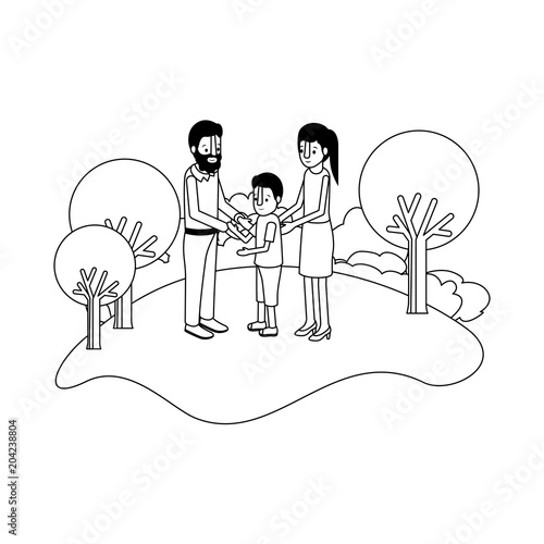 parents couple with son in field landscape vector illustration