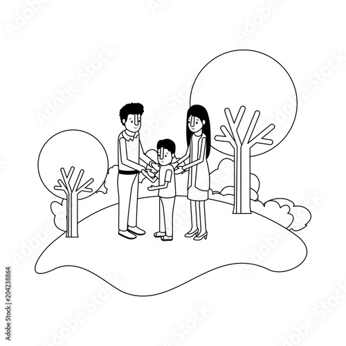 parents couple with son in field landscape vector illustration