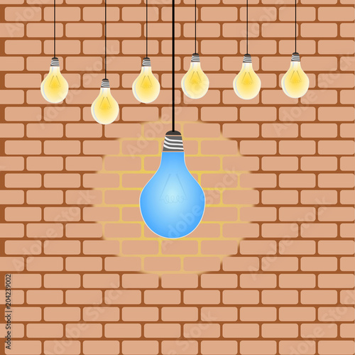 light bulb line hang on to a brick wall ,illustration vector. 