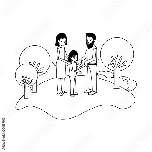 parents couple with daughter in field landscape vector illustration design