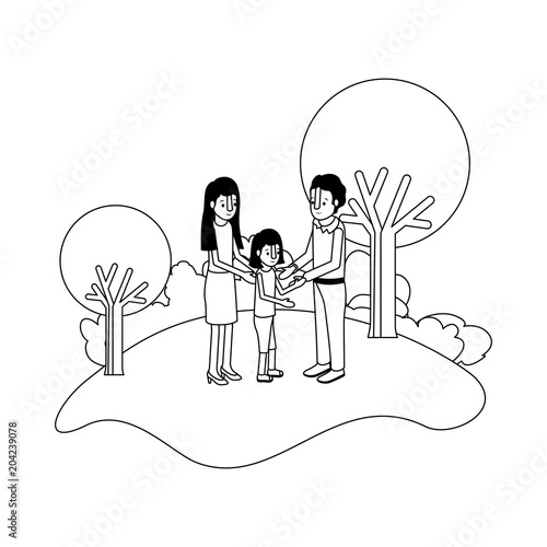 parents couple with daughter in field landscape vector illustration design
