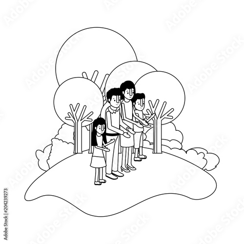 parents couple with son and daughter in field landscape vector illustration