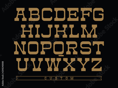 Western typeface. Vector alphabet with latin letters in balck and gold theme