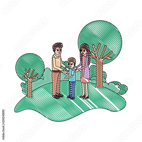parents couple with son in field landscape vector illustration