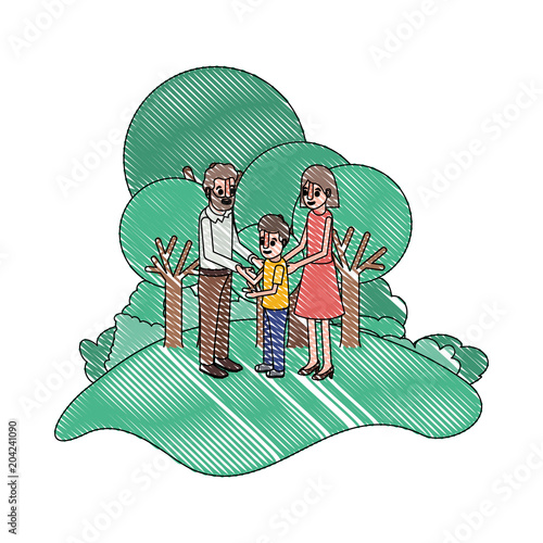 parents couple with son in field landscape vector illustration