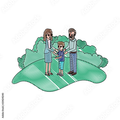 parents couple with son in field landscape vector illustration