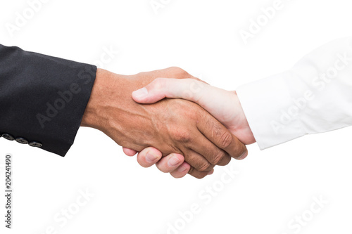 Business handshake and business people concepts. close up of a handshake isolated on white background .