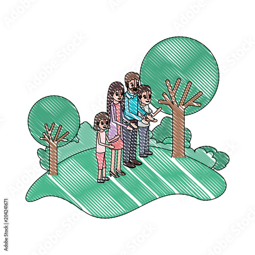 parents couple with son and daughter in field landscape vector illustration