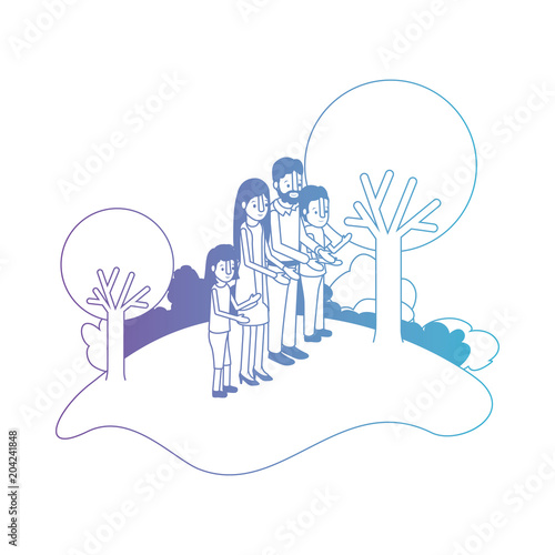parents couple with son and daughter in field landscape vector illustration