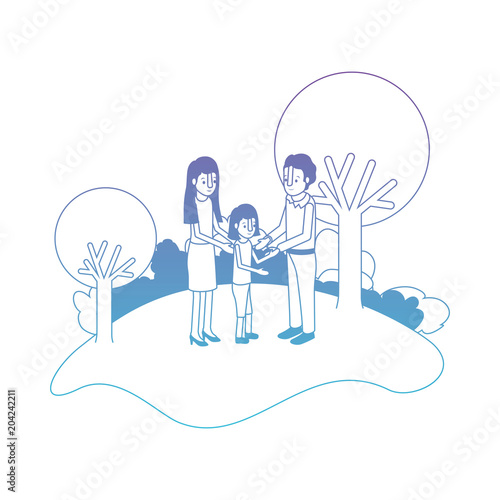 parents couple with daughter in field landscape vector illustration design