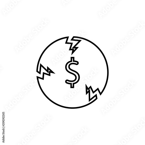 Devaluation and inflation. Broken coin world money dollar sign vector line icon
